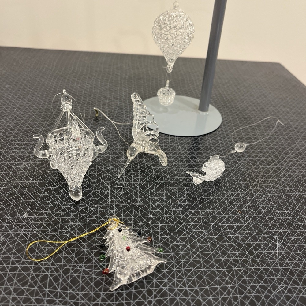 Vtg Lot 5 Silvestri clear spun glass Ornaments Christmas Tree, Fish, Hummingbird